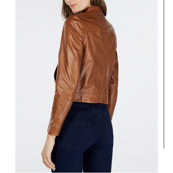 MICHAEL KORS Jacket 100% lambskin Leather Asymmetric Zip Brown luggage NWT - Picture 3 of 16